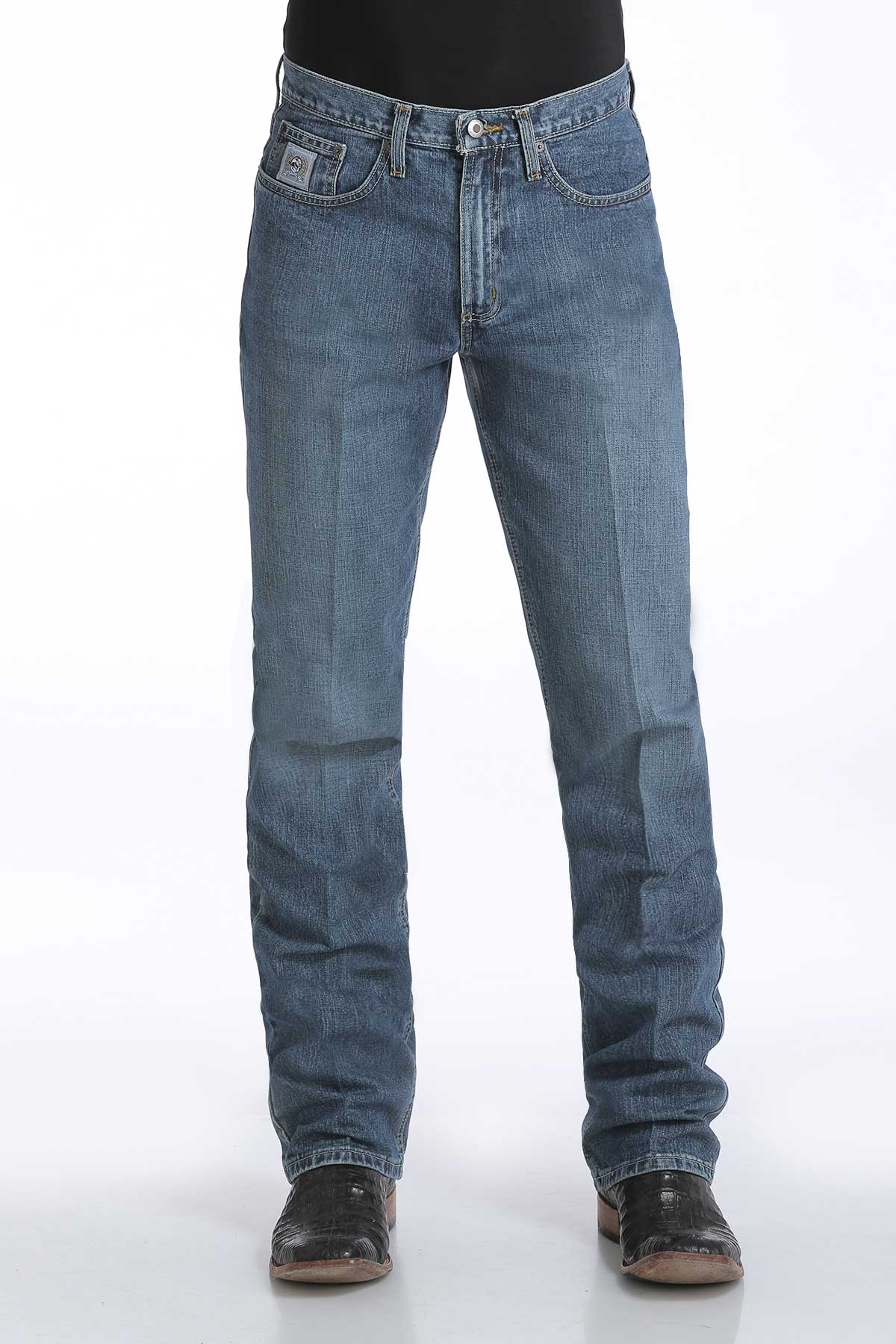 Cinch light wash bootcut jeans with black boots