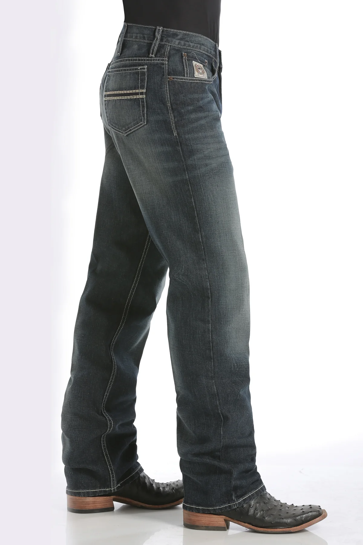 Cinch dark wash bootcut jeans with ostrich boots