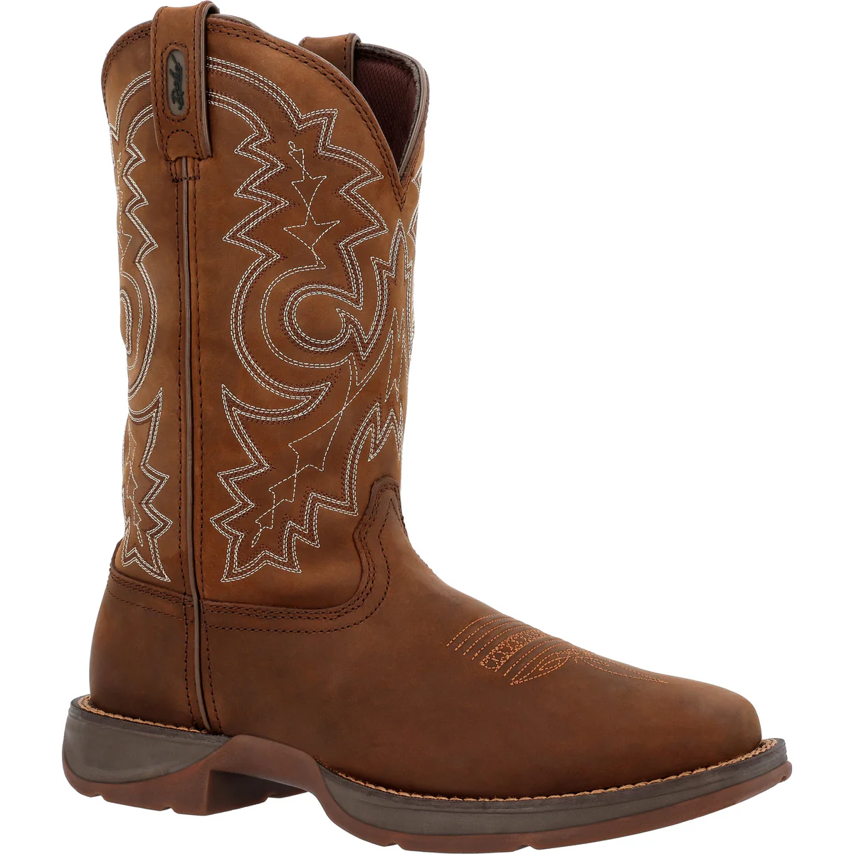Durango Rebel distressed brown western boots with white stitching