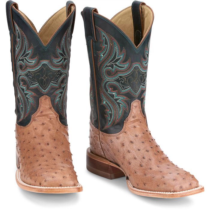 Justin full-quill ostrich square-toe boots with turquoise-stitched navy shaft